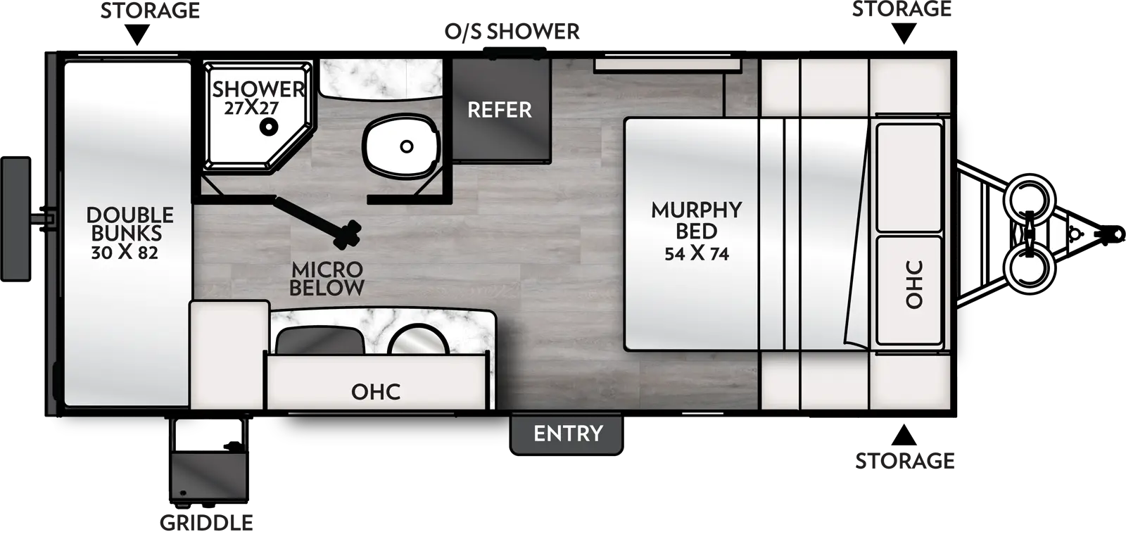 The 18R has no slide outs and 1 entry door. Exterior features include front opposing side storage, door-side griddle, off-door side outside shower, and rear off-door side storage. Interior layout from front to back: front foot-facing 54 x 74 Murphy bed with overhead cabinet; off-door side refrigerator across from entry door; door-side kitchen with under countertop microwave, stovetop, sink and overhead cabinet; off-door side bathroom with 27 x 27 shower, toilet and countertop; and rear 30 x 82 double bunks.